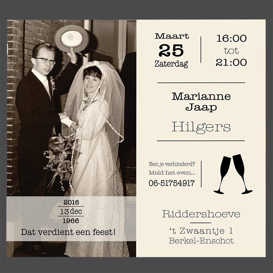 Gebruik van bestaande foto naar modern ontwerp passend bij het thema. 50 jarig huwelijks jubileum.
